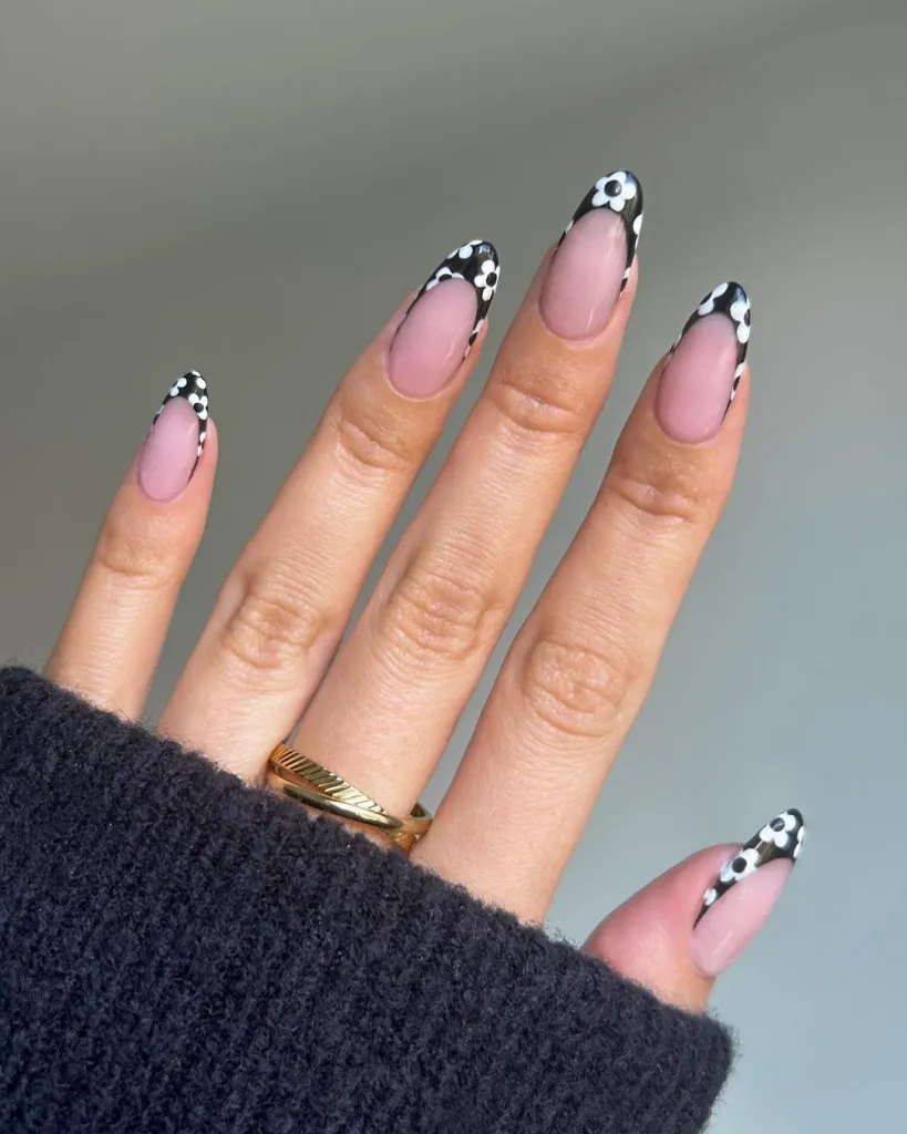 Black Tip Nails with White Flowers