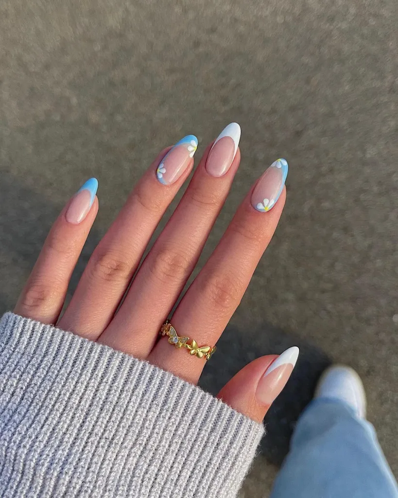 Blue and White French Tips with Flowers