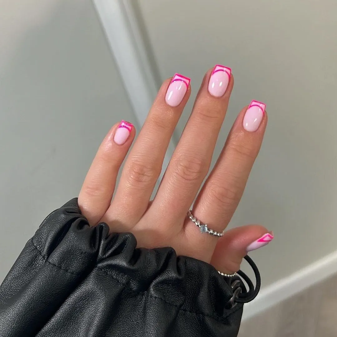 Bright Pink French Tip Outline Nails