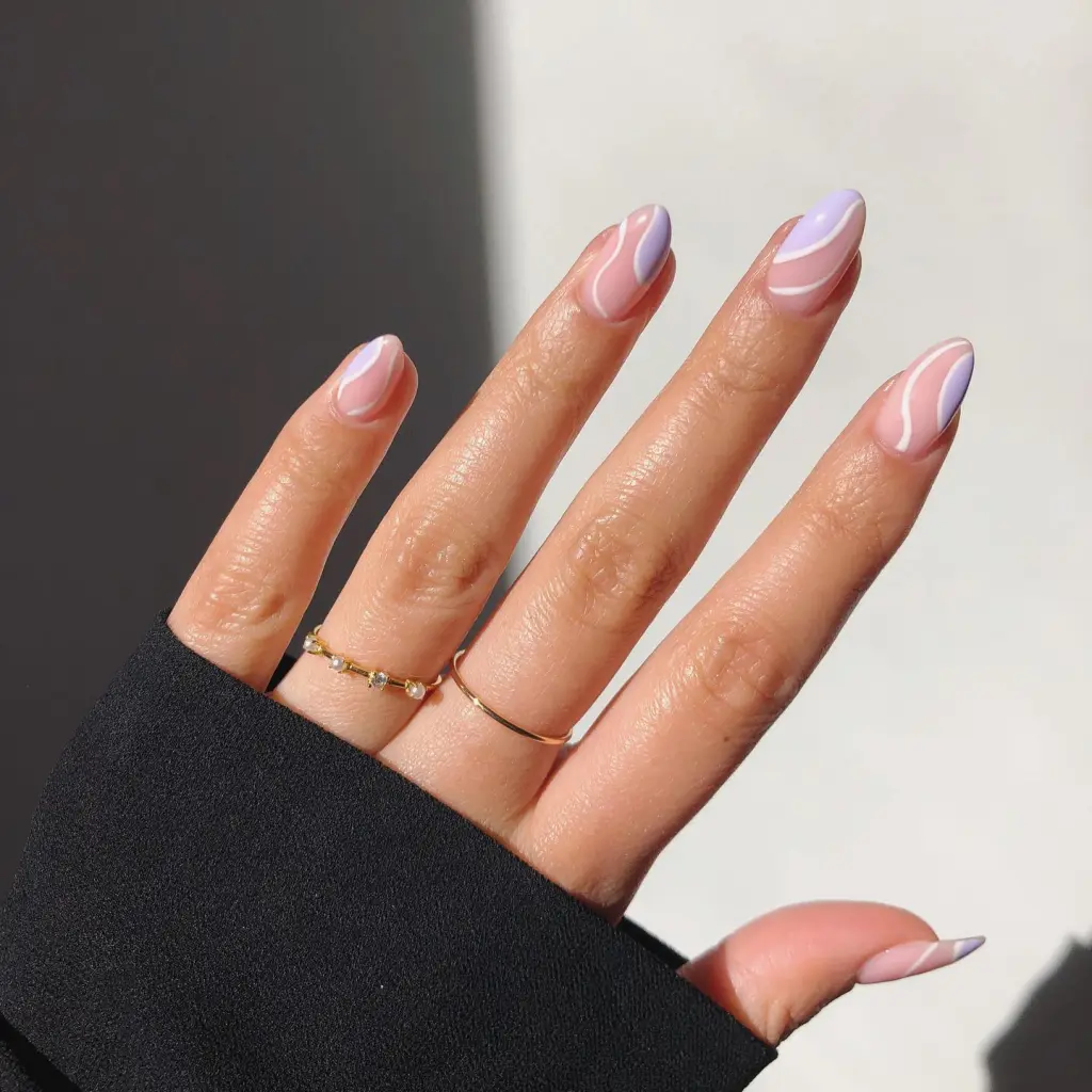 Pastel Purple and White Swirls Nails