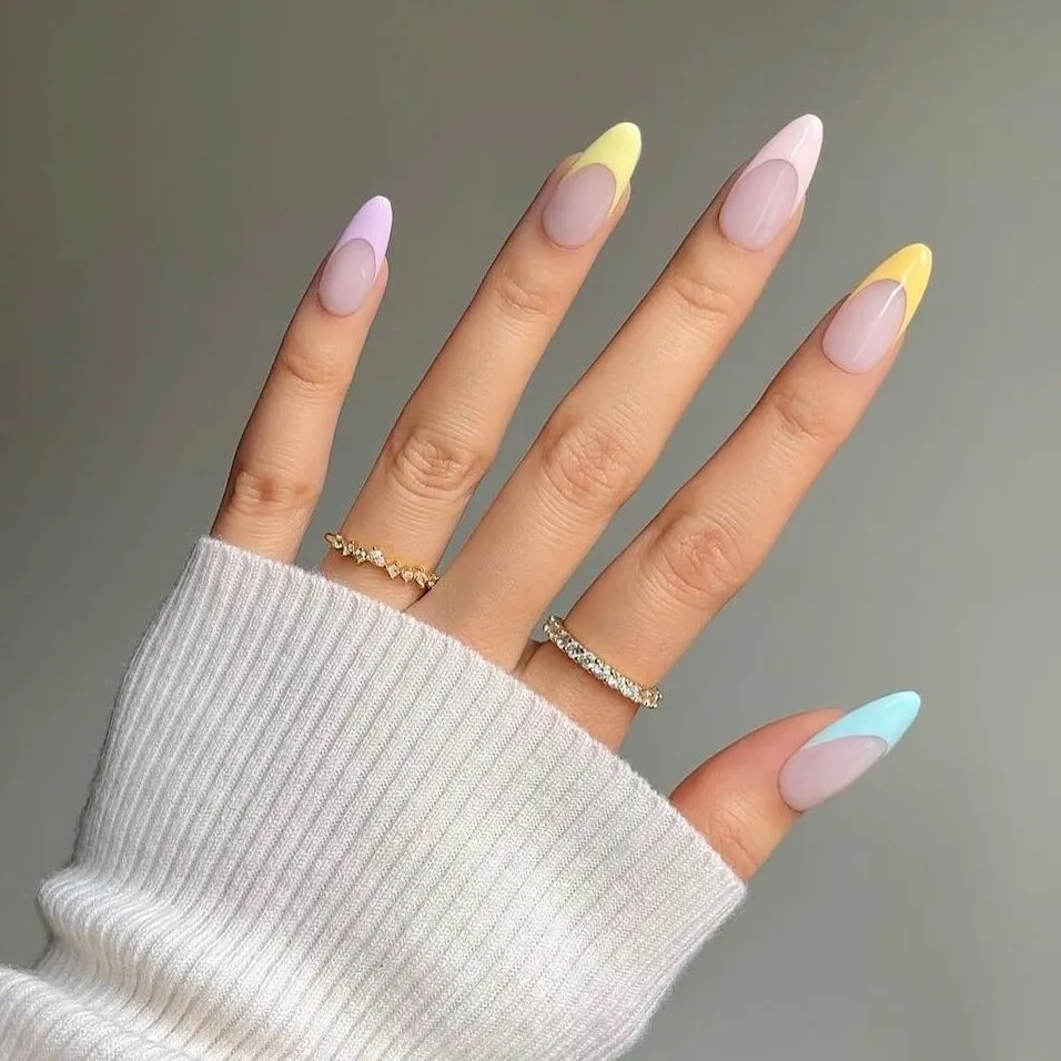 Pastel Yellow, Pink and Blue French Tip Nails