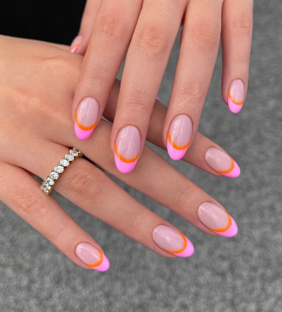 Pink French Nails with Orange Outline