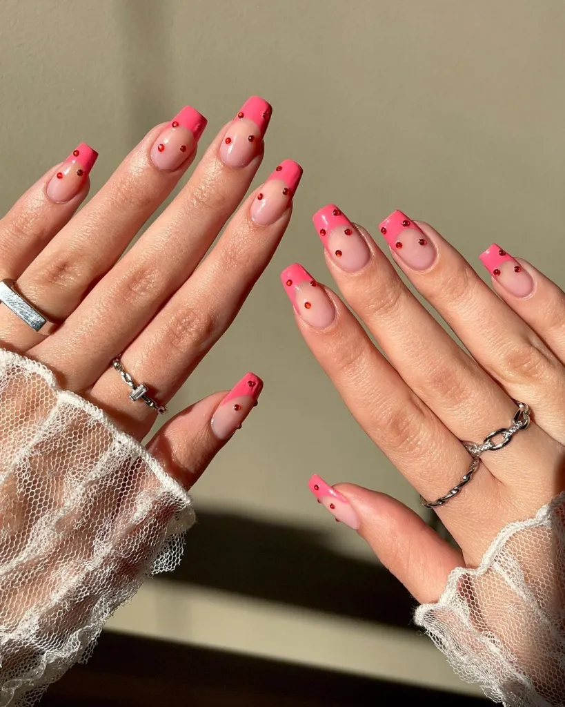 Pink French Nails with Red Gems