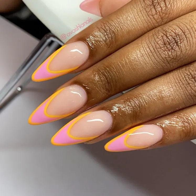 Pink French Nails with Yellow Outlines