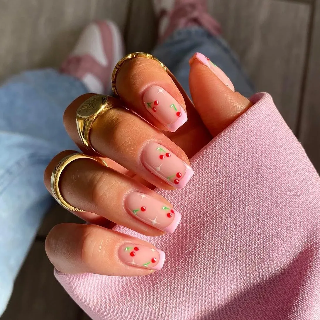 Pink French Tip Nails with Cherry Nail Art