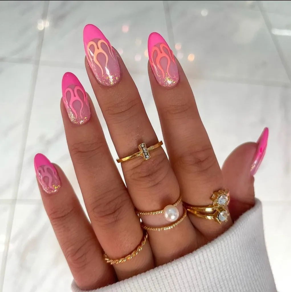 Pink French Tip Nails with Flames and Glitter