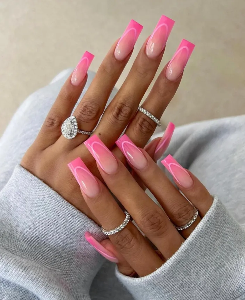 Pink Ombre Nails with Pink French Outline