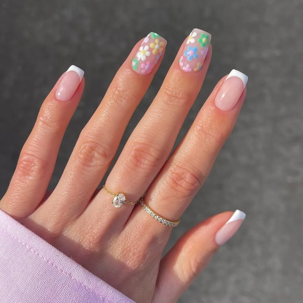 Rainbow Daisies Nail Art with French Tip Nails