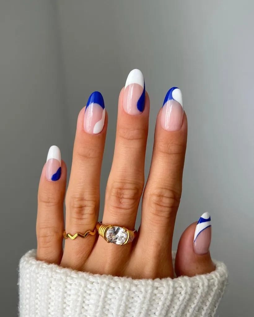 White and Blue French Tips with Swirls