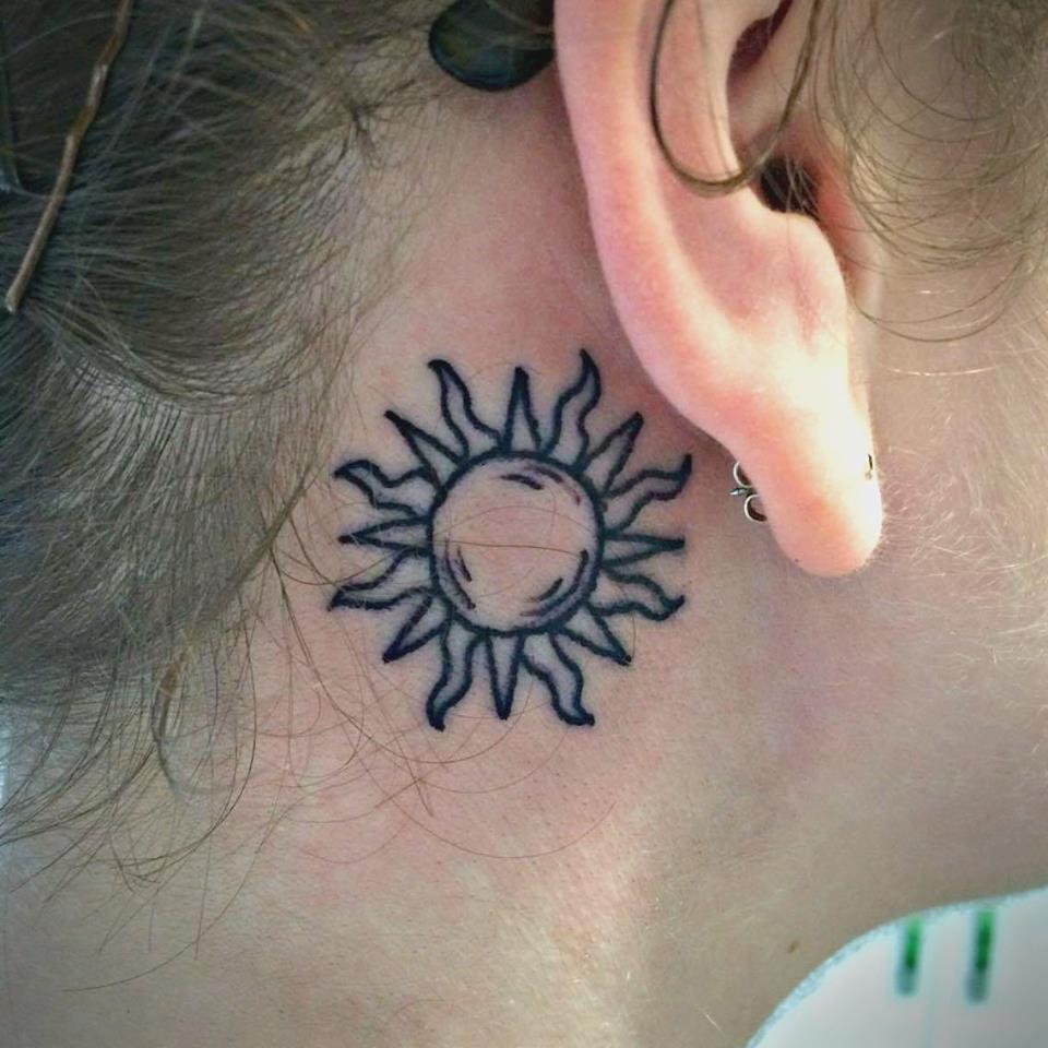 Beautiful Sun Behind the Ear Tattoo