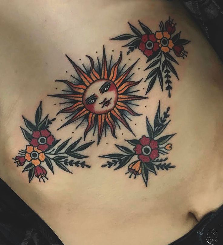 Creative Sun Tattoo Design with Flowers Above the Belly Button