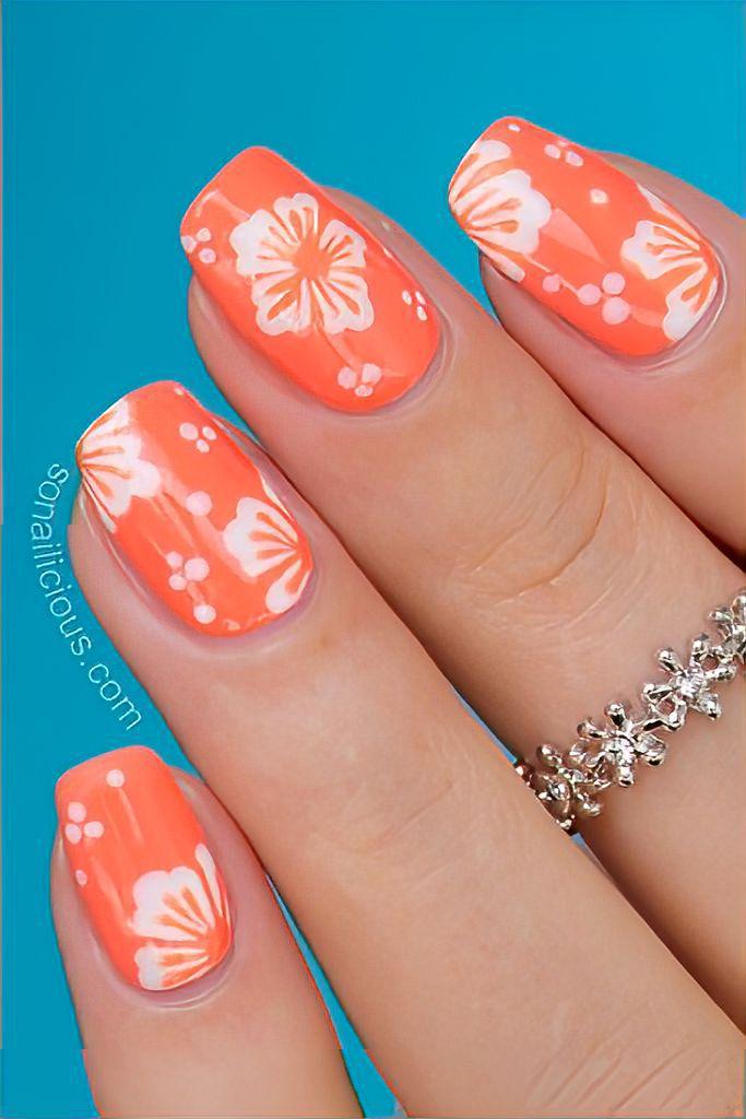 Cute Hawaiian Hibiscus Flower Nails