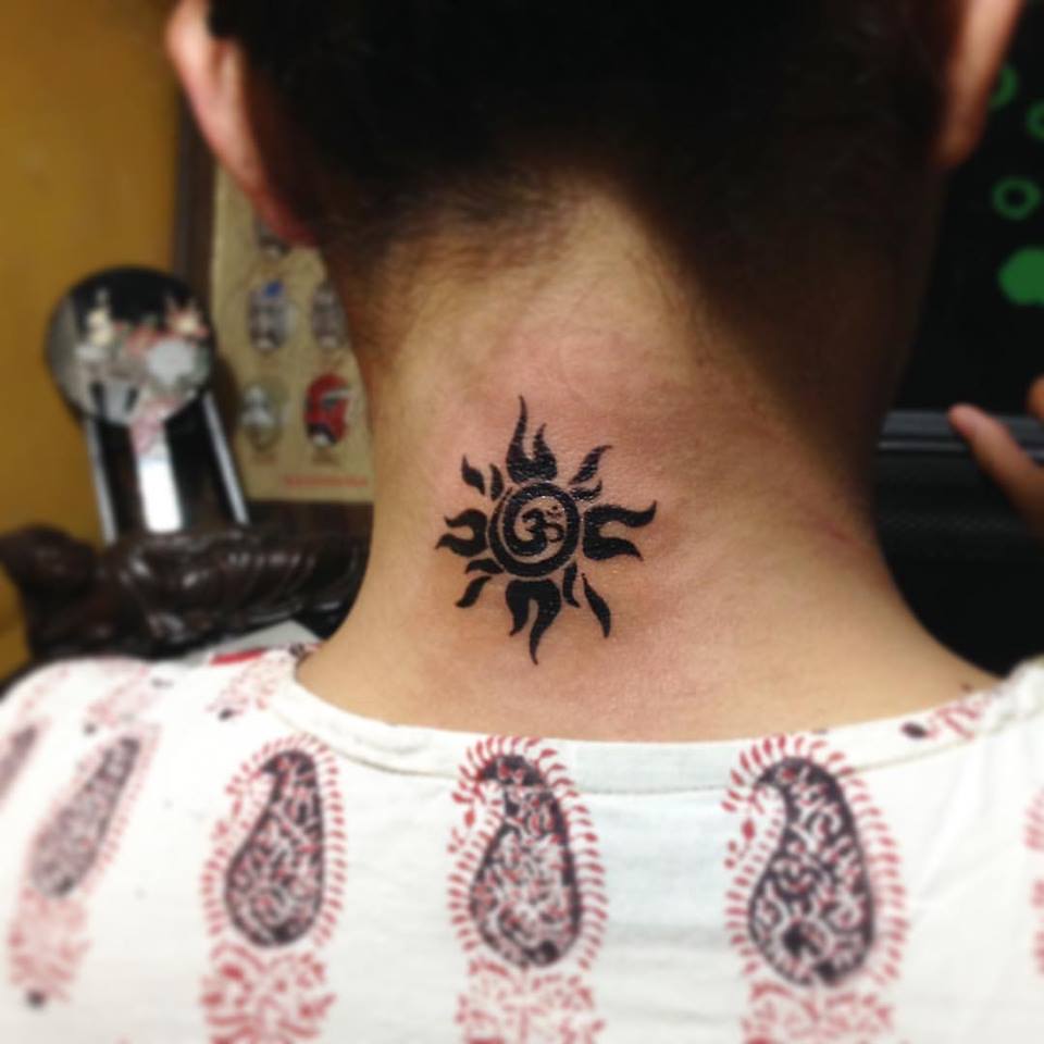 Glitzy Sun Om Neck Tattoo