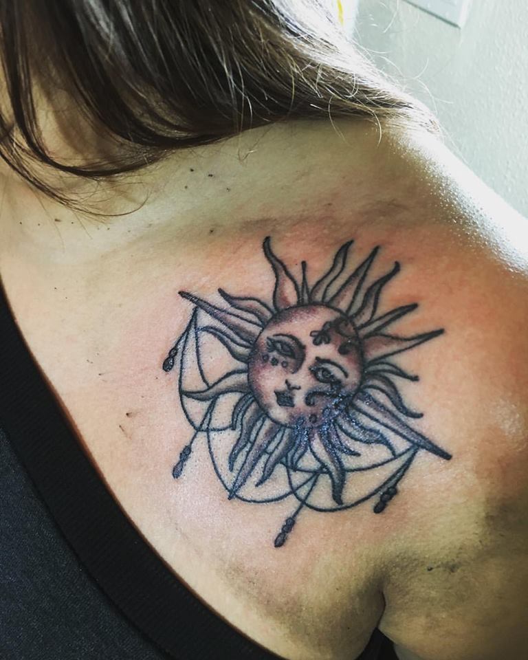 Simple Sun and Moon Shoulder Tattoo