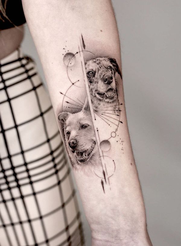 Double dog geometric forearm tattoo