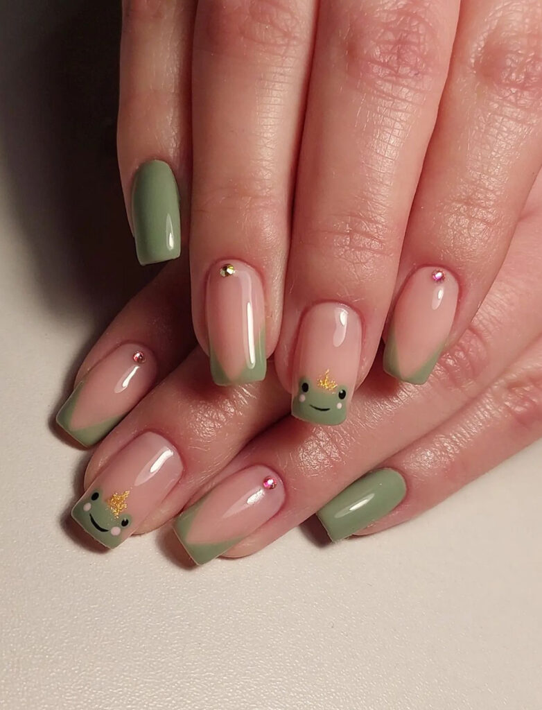 Cute muted pastel green frog nails