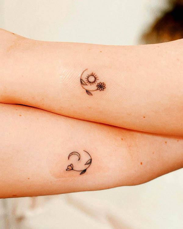 Floral sun and moon simple tattoos