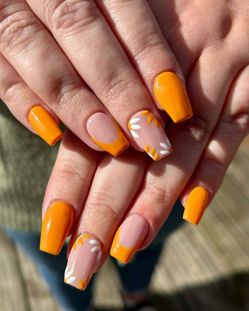 Bright Orange Summer Nails with Dainty Florals