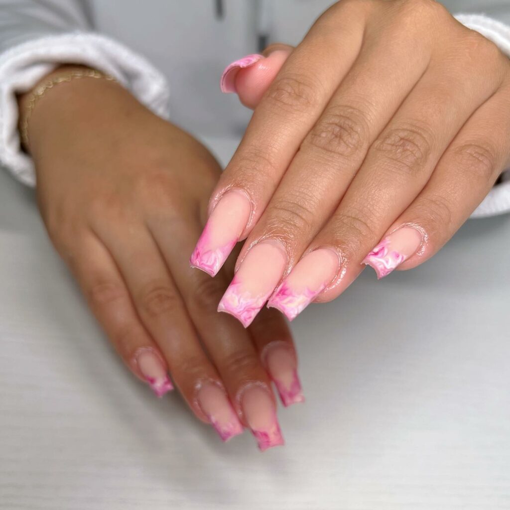 Pink Marble French Tip Nails for a Fresh Look