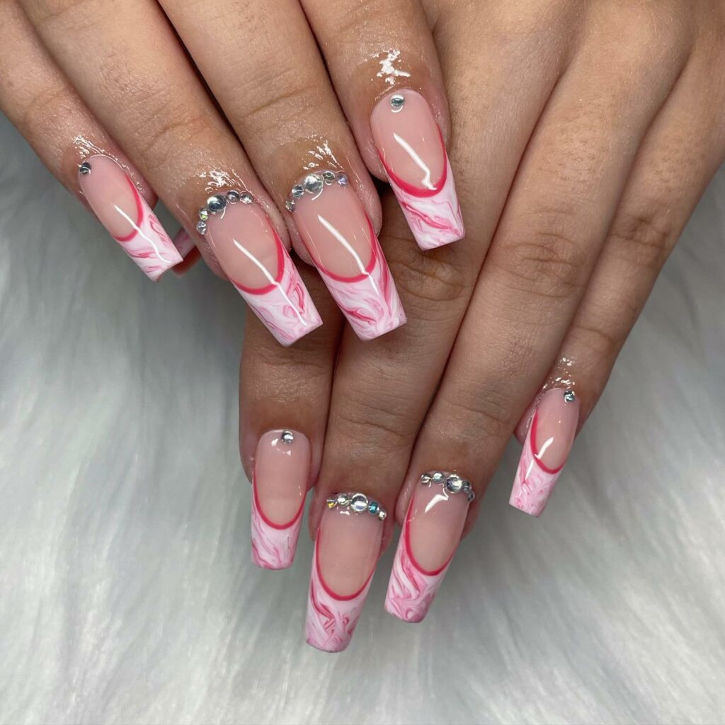 Rhinestone Embellished Pink Marble Nails