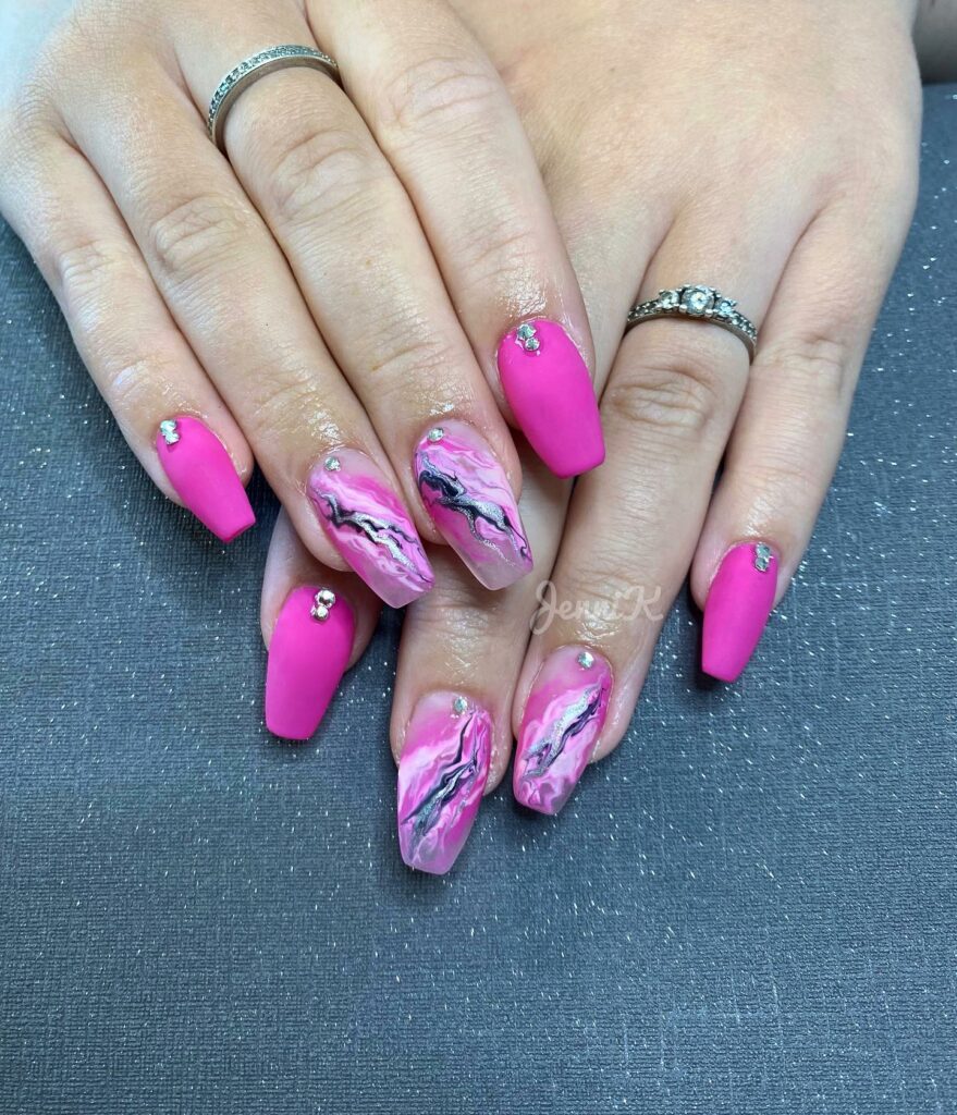 Modern Pink Marble Nail Design with Gems