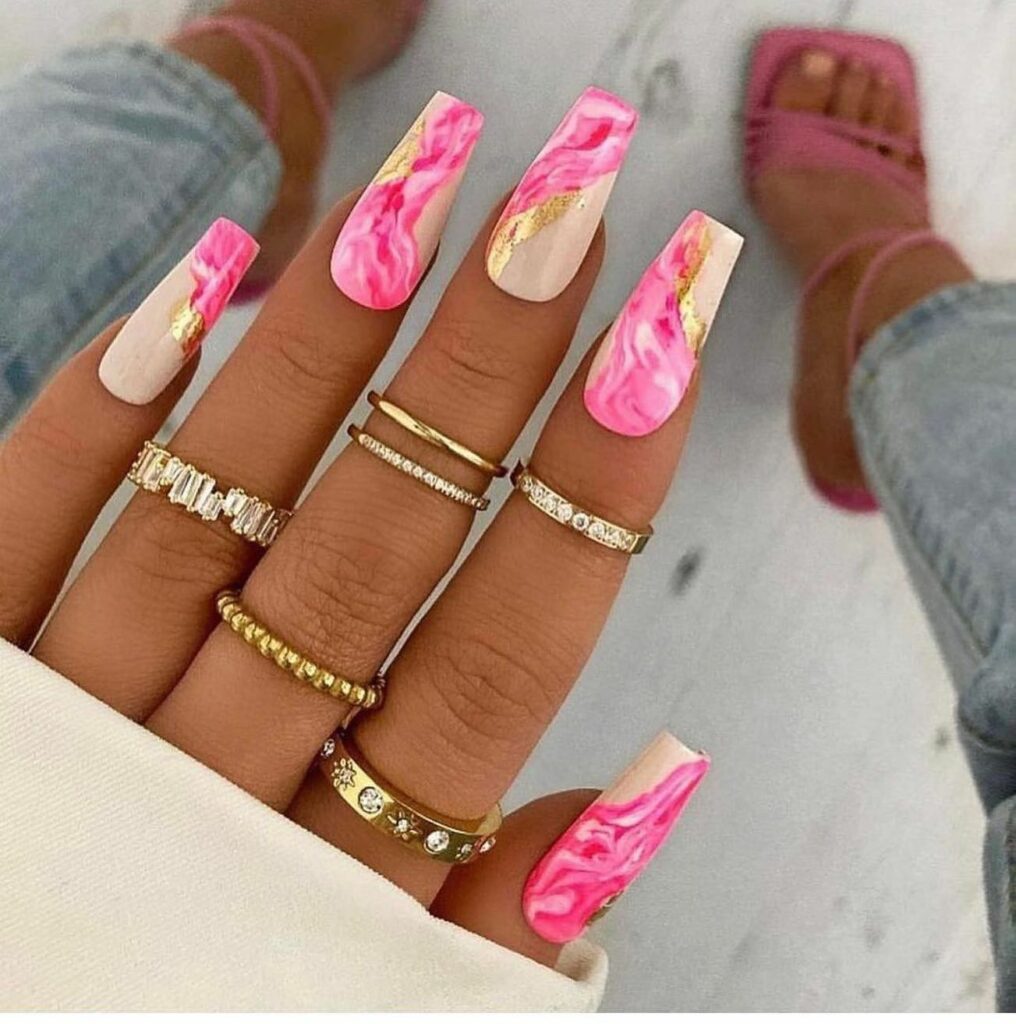 Luxurious Pink Marble Coffin Nails