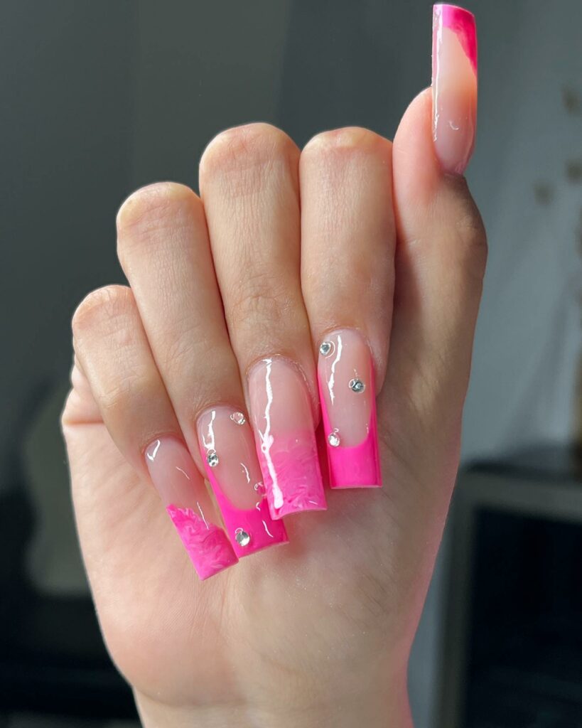 Glossy Pink Marble Tips with Rhinestone Elegance