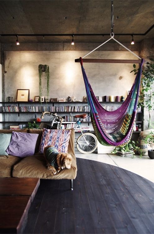 Bohemian Living Room with Cozy Vibes and Colorful Hammock