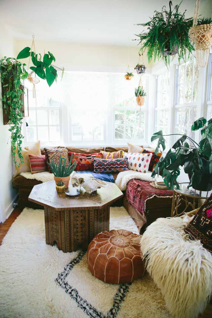 Charming Bohemian Space with Rustic Decor and Plants