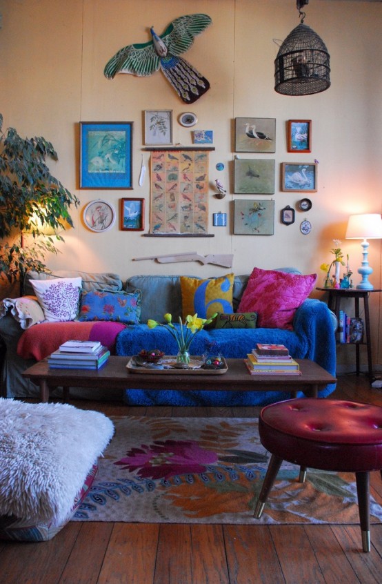 Vibrant Bohemian Living Room with Artistic Decor