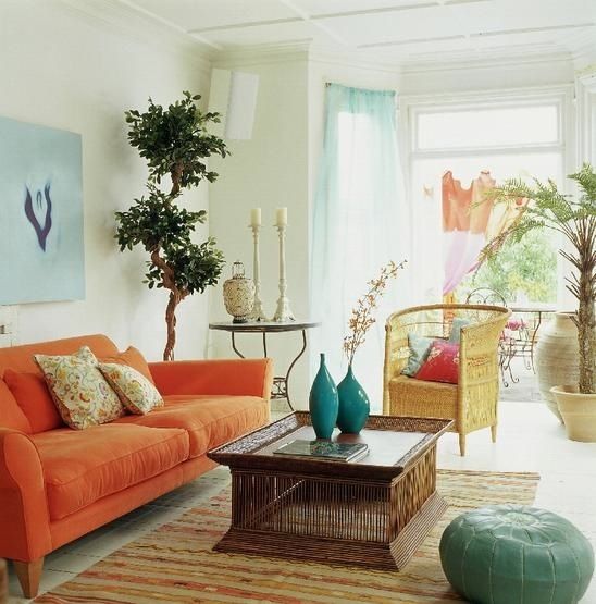 Bohemian Vibes in the Living Room: Orange Sofa and Natural Elements