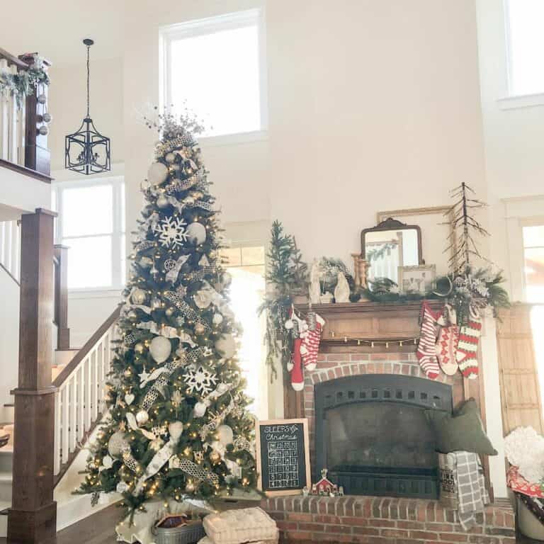 White Christmas Tree and Brick Fireplace