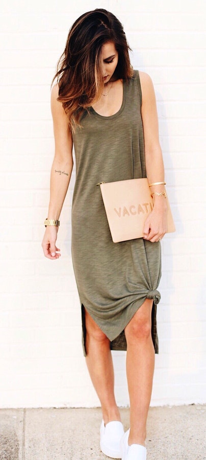 Khaki Dress + White Sneakers