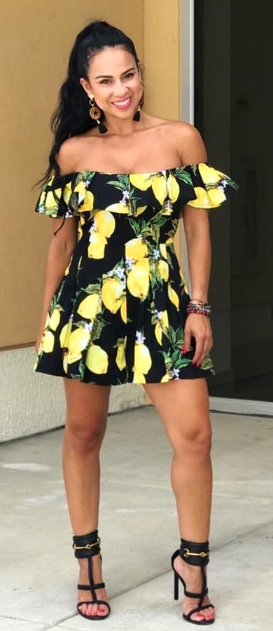 Lemon Printed Off The Shoulder Dress with Black Sandals