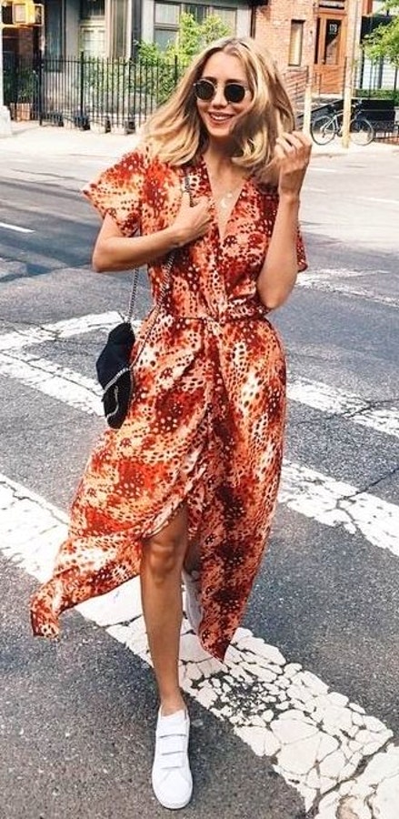 Printed Wrap Dress + White Sneakers