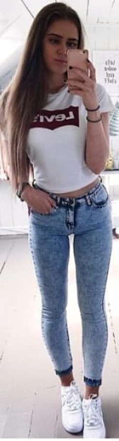 blue jeans white shoes outfit