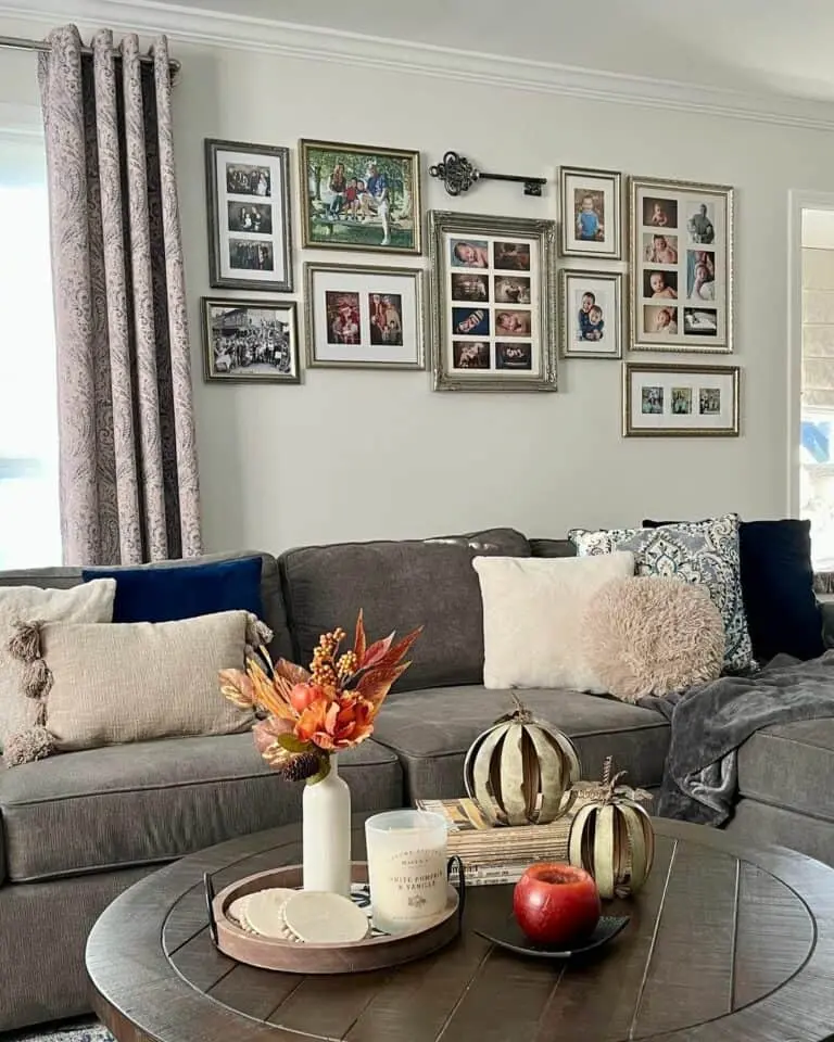 Fall Décor and Family Portraits in Living Room