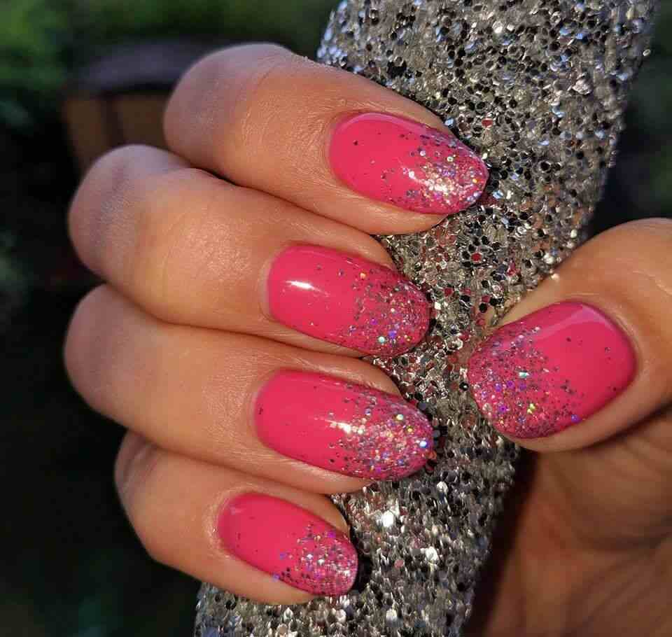 Hot pink nails with glitter