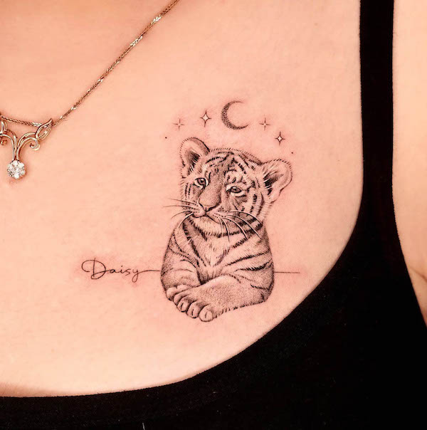 Cute name and tiger side chest tattoo