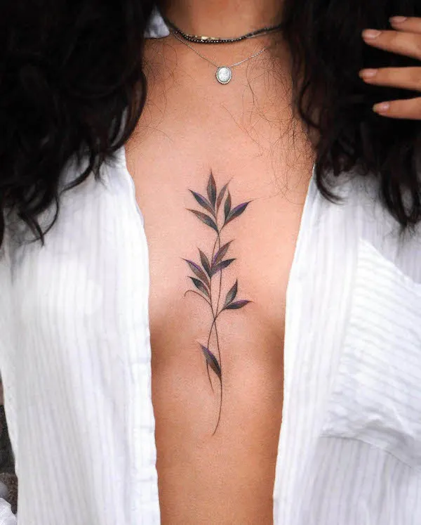 Simple leaves chest tattoo