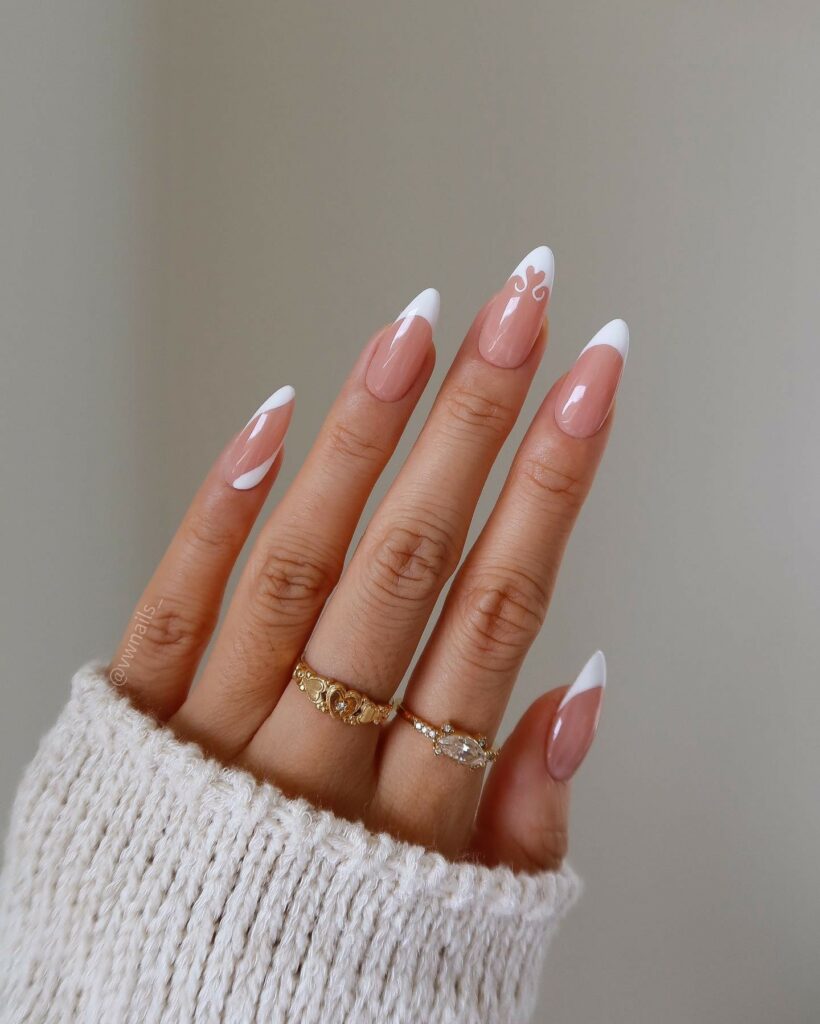 All White Heart French Tip Nails