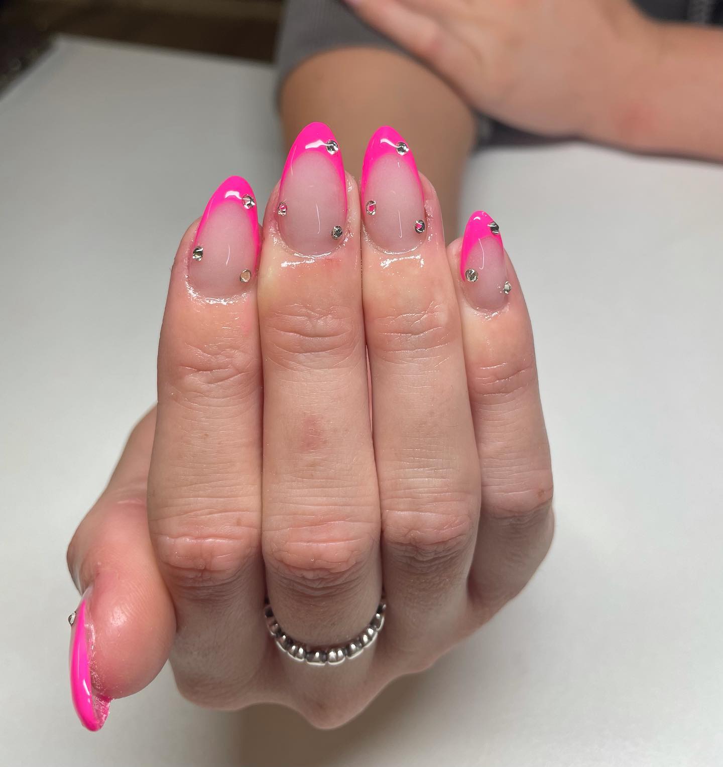 Hot Pink French Tip Nails with Gemstones