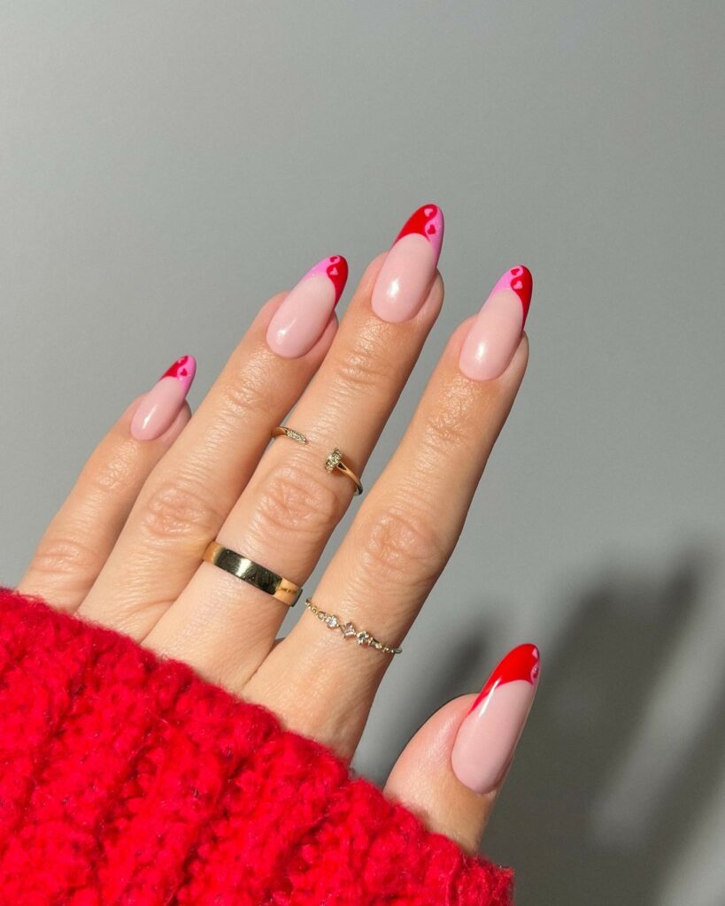 Red and Pink Heart French Tip Nails