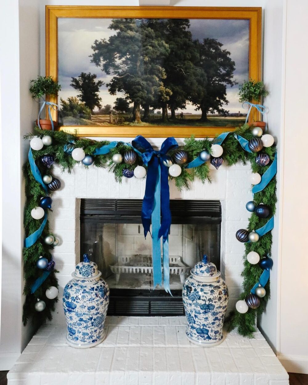 Blue and White Christmas Mantel Decor