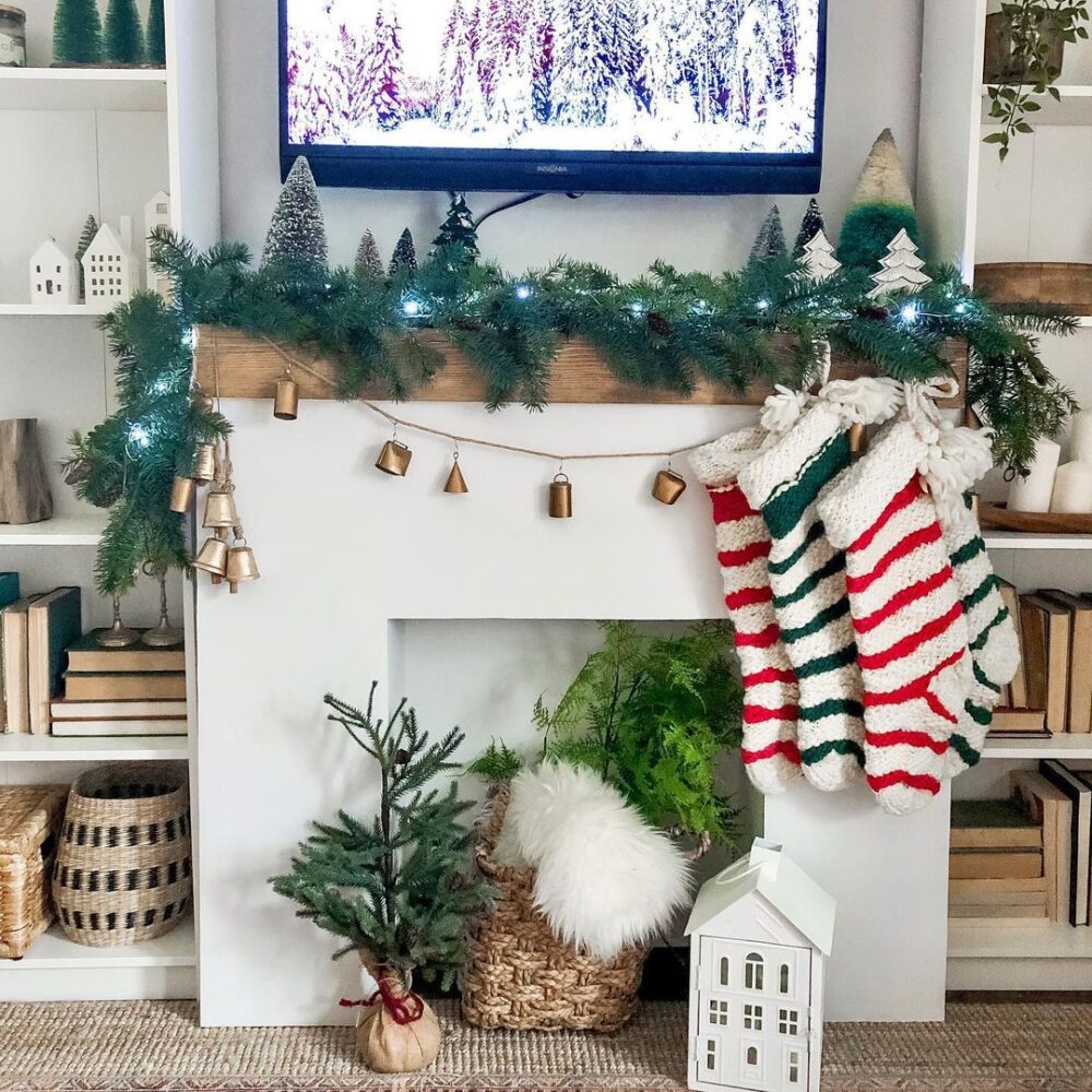 Striped Christmas Stockings and Gold Bells Garland