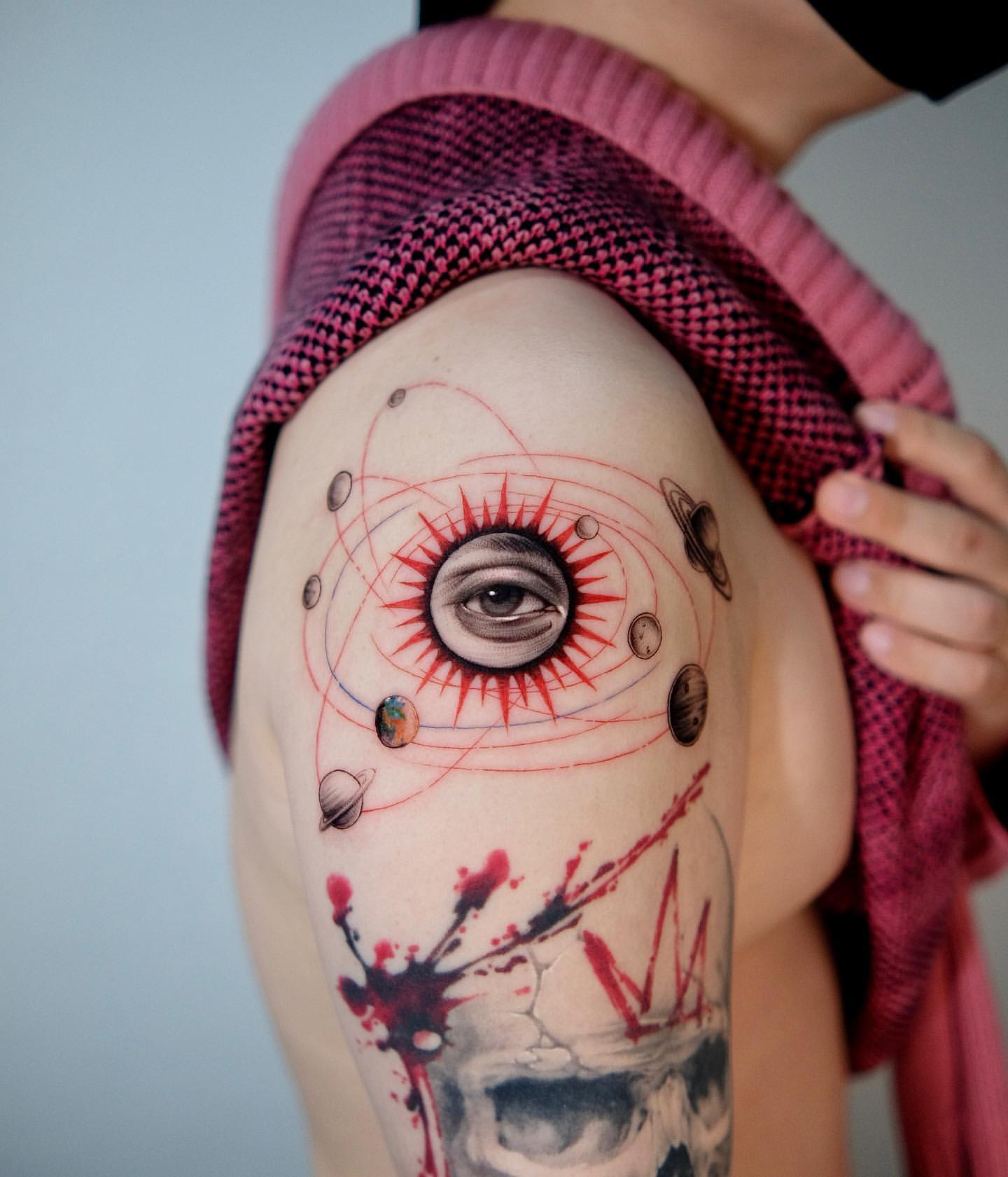 Custom Side Shoulder Tattoo of Planets Orbiting Around an Eye