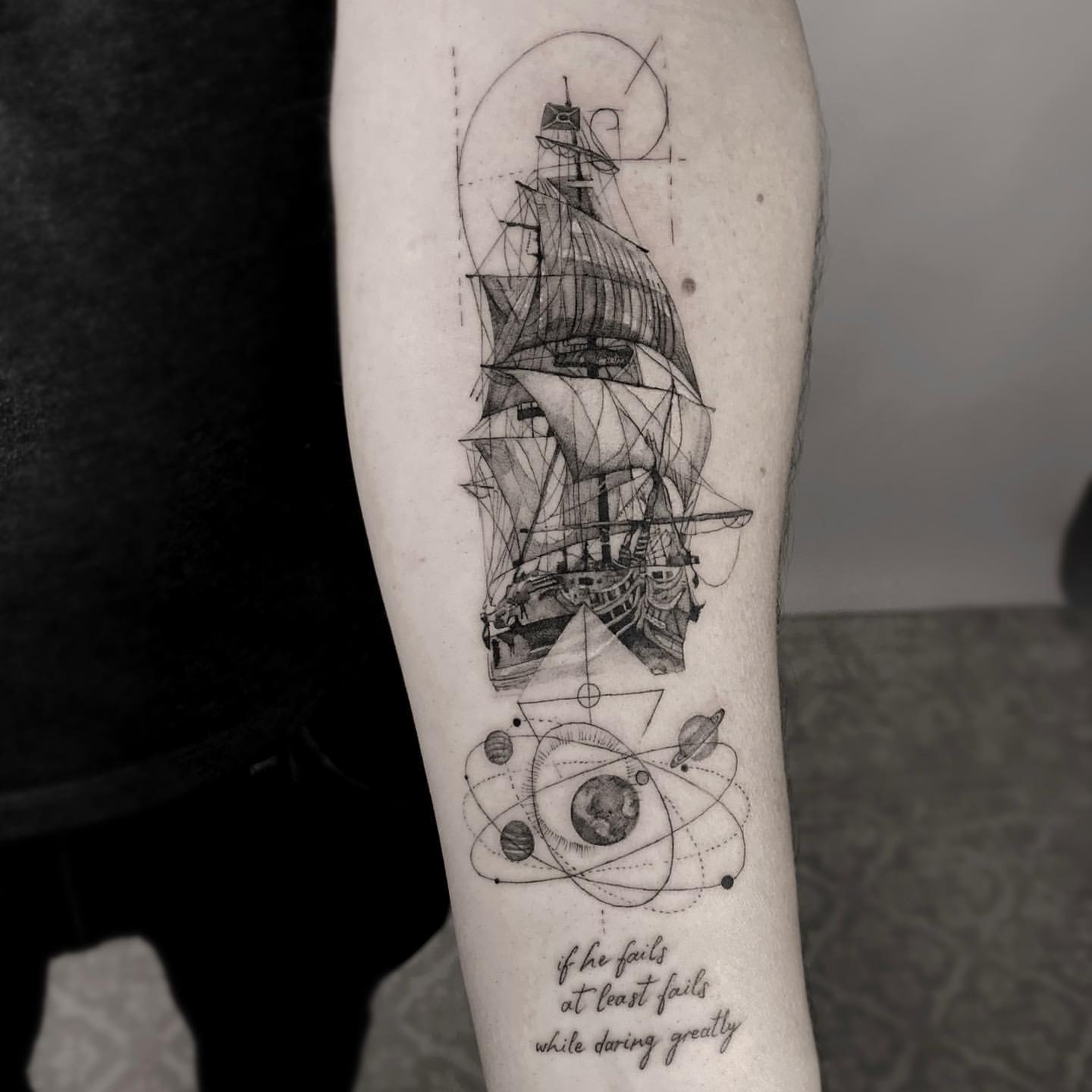 Geometric Tattoo of Battleship on Forearm