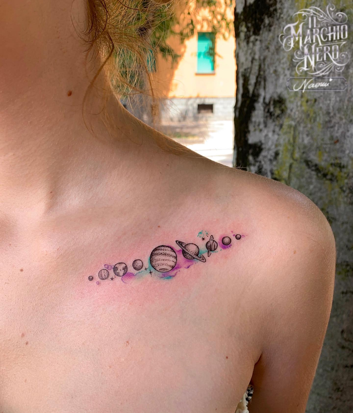 Minimal Watercolor Collarbone Tattoo