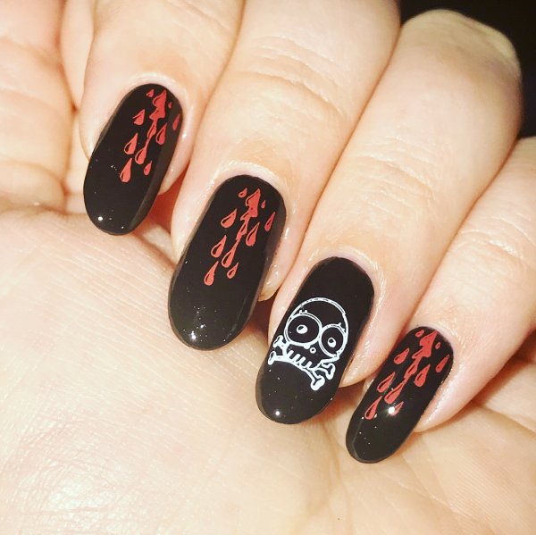 Black Skull With Blood Halloween Nail Manicure 