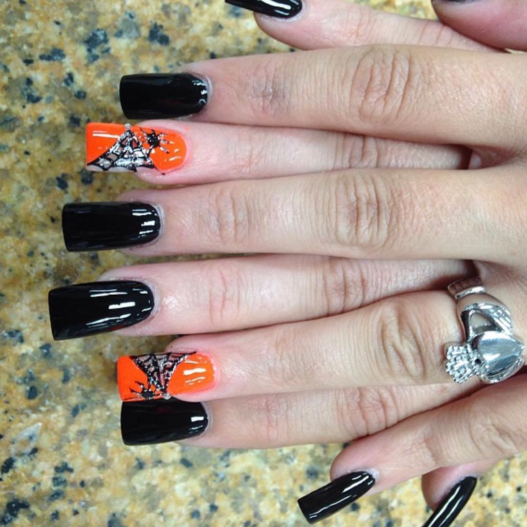 Decorative Orange and Black Halloween Nail Manicure